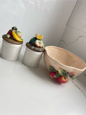 Ceramic Fruit Bowl and Matching Canisters - Apple & Banana Accents